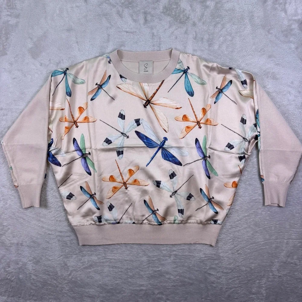 Sioni Women Sweater Size L Pink Dragonfly‎ Print Silky Front Knit Back Pullover